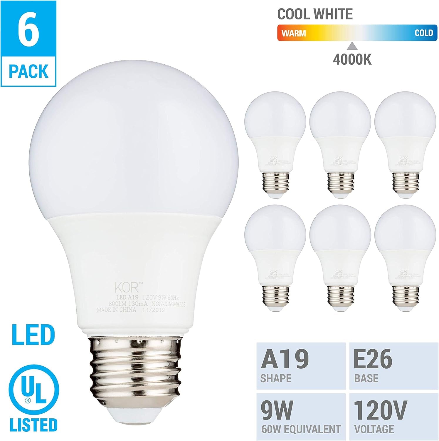 (Pack of 6) 9W LED A19 Light Bulb – (60W Equivalent), UL Listed, 4000K (Cool White) 750 Lumens, Non-Dimmable, LED 9-Watt Standard Replacement Bulbs, with E26 Base, 15000 Hours, Long Life