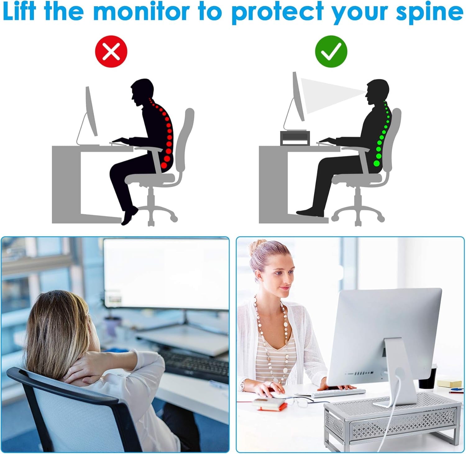 2 Tier Monitor Stand Riser, Metal Desk Organizer Stand with anti Slip Suction Cup for Laptop, Computer, Imac, Pc, Printer,Silver