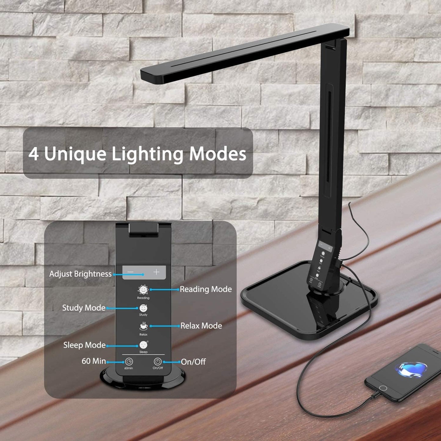 LED Desk Office Lamp, Exclusive: 27 Eye-Caring Recessed Leds, 5-Level Brightness, 4-Lighting Modes, USB Charging Port, 14W, Touch Control Panel, Dimmer, 1-Hour Auto Timer, 5V/1A, (Black)