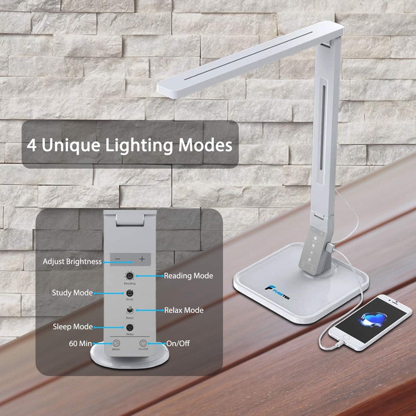 LED Desk Office Lamp, Exclusive: 27 Eye-Caring Recessed Leds, 5-Level Brightness, 4-Lighting Modes, USB Charging Port, 14W, Touch Control Panel, Dimmer, 1-Hour Auto Timer, 5V/1A, (White)