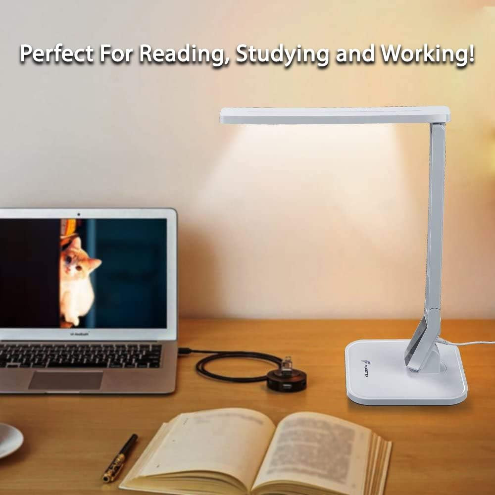 LED Desk Office Lamp, Exclusive: 27 Eye-Caring Recessed Leds, 5-Level Brightness, 4-Lighting Modes, USB Charging Port, 14W, Touch Control Panel, Dimmer, 1-Hour Auto Timer, 5V/1A, (White)