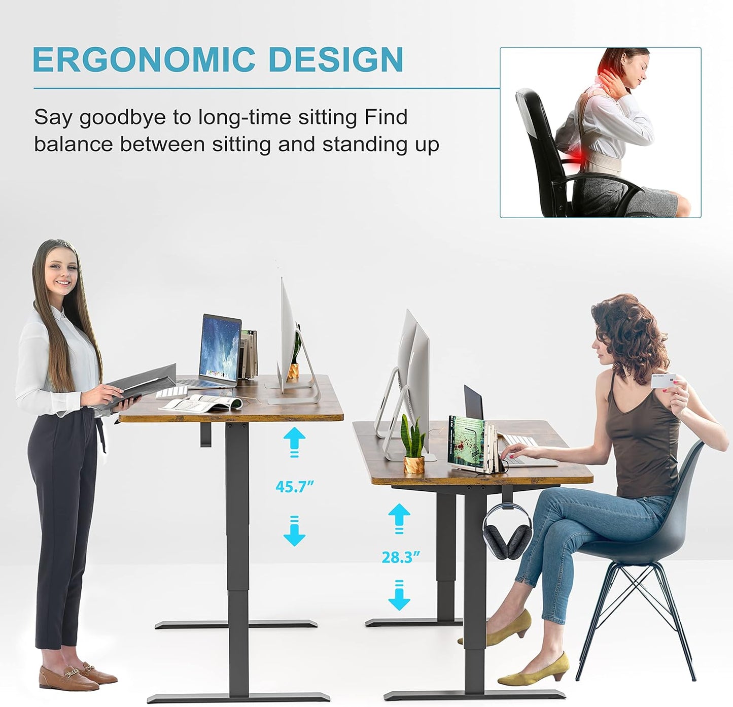 Electric Height Adjustable Standing Desk, 48X24 Inches, Ergonomic Home Office Sit/Stand up Desk (Black Steel Frame/Rustic Brown Top)