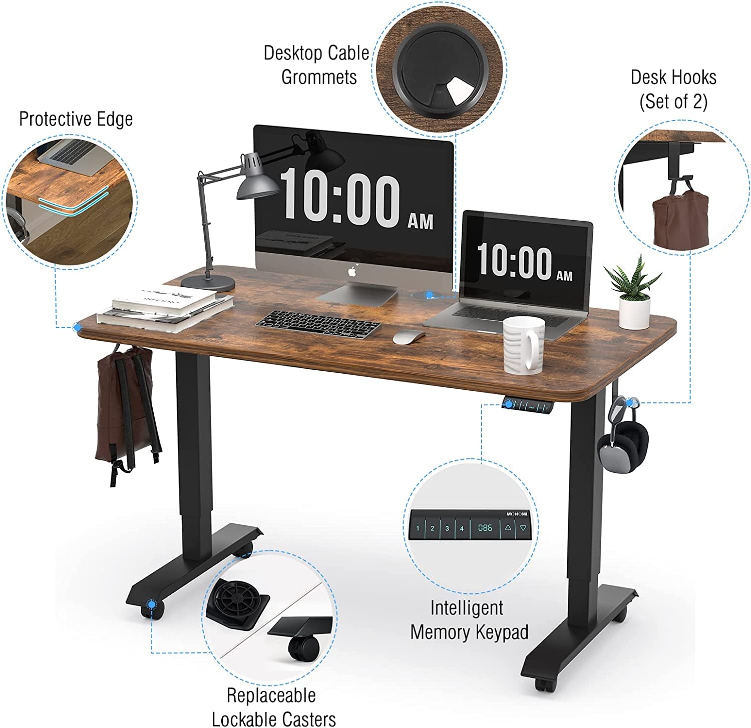 Electric Height Adjustable Standing Desk, 48X24 Inches, Ergonomic Home Office Sit/Stand up Desk (Black Steel Frame/Rustic Brown Top)