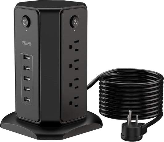 15Ft Extension Cord Power Strip Tower,  Flat Plug Surge Protector with 8 Outlet 5 USB Desktop Charging Station, 1625W 13A, Individual Switches, 1080 Joules, Circuit Breaker for Home Office