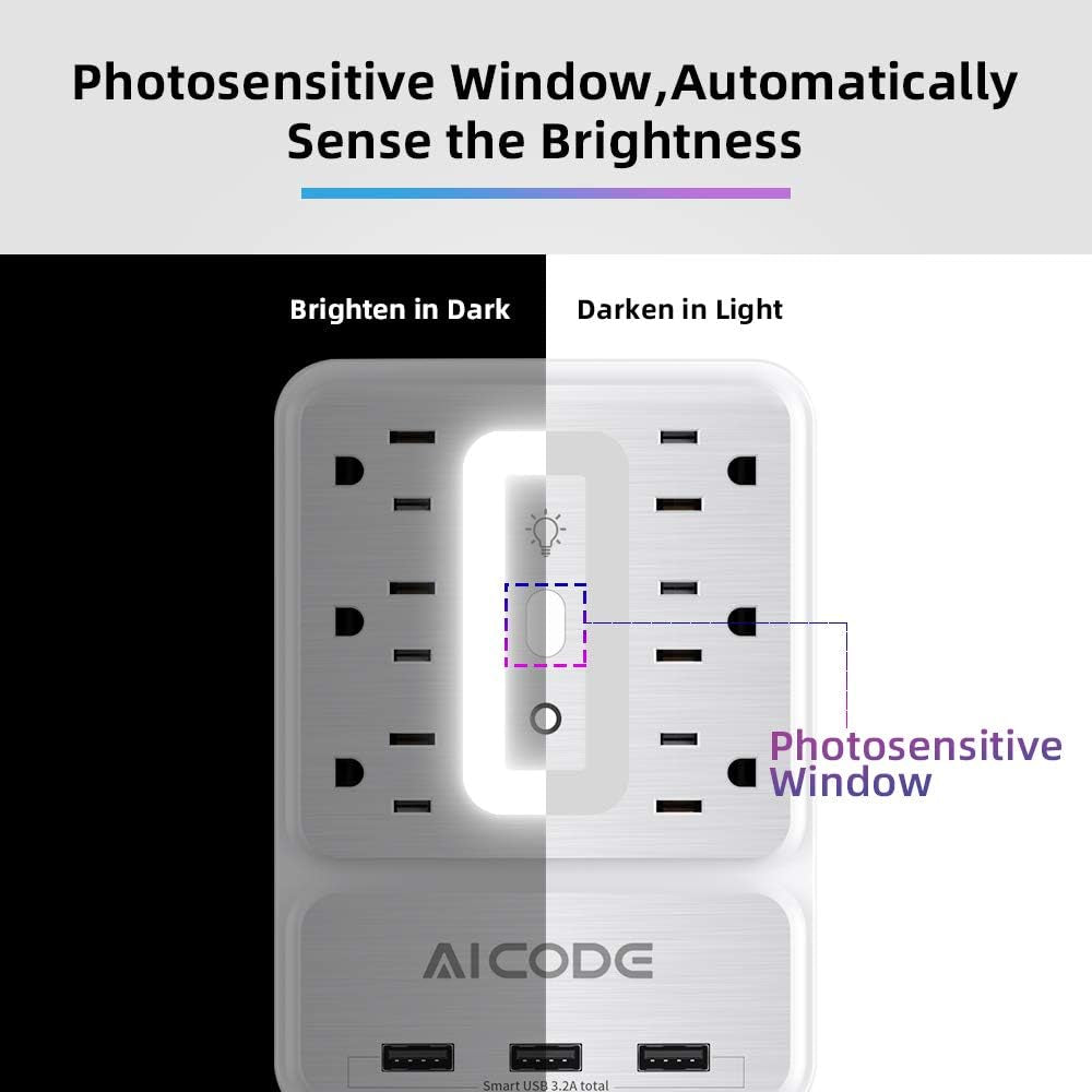 Multi Plug Outlet Extender, 6 Outlet Surge Protector with 3 USB Charger(3.2A Total),Plug Electrical Outlet with 6 Ambient RGB Light, Plug Extender for Home,Office,Dorm,Hotel