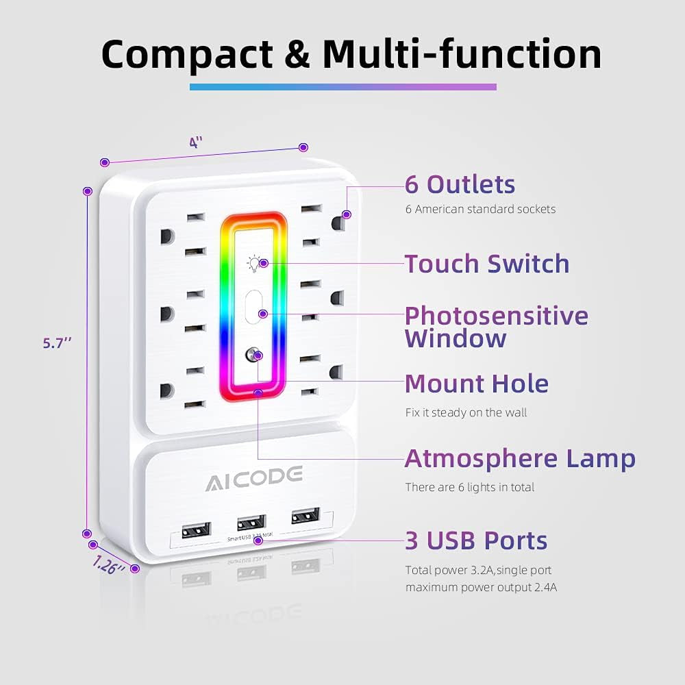 Multi Plug Outlet Extender, 6 Outlet Surge Protector with 3 USB Charger(3.2A Total),Plug Electrical Outlet with 6 Ambient RGB Light, Plug Extender for Home,Office,Dorm,Hotel