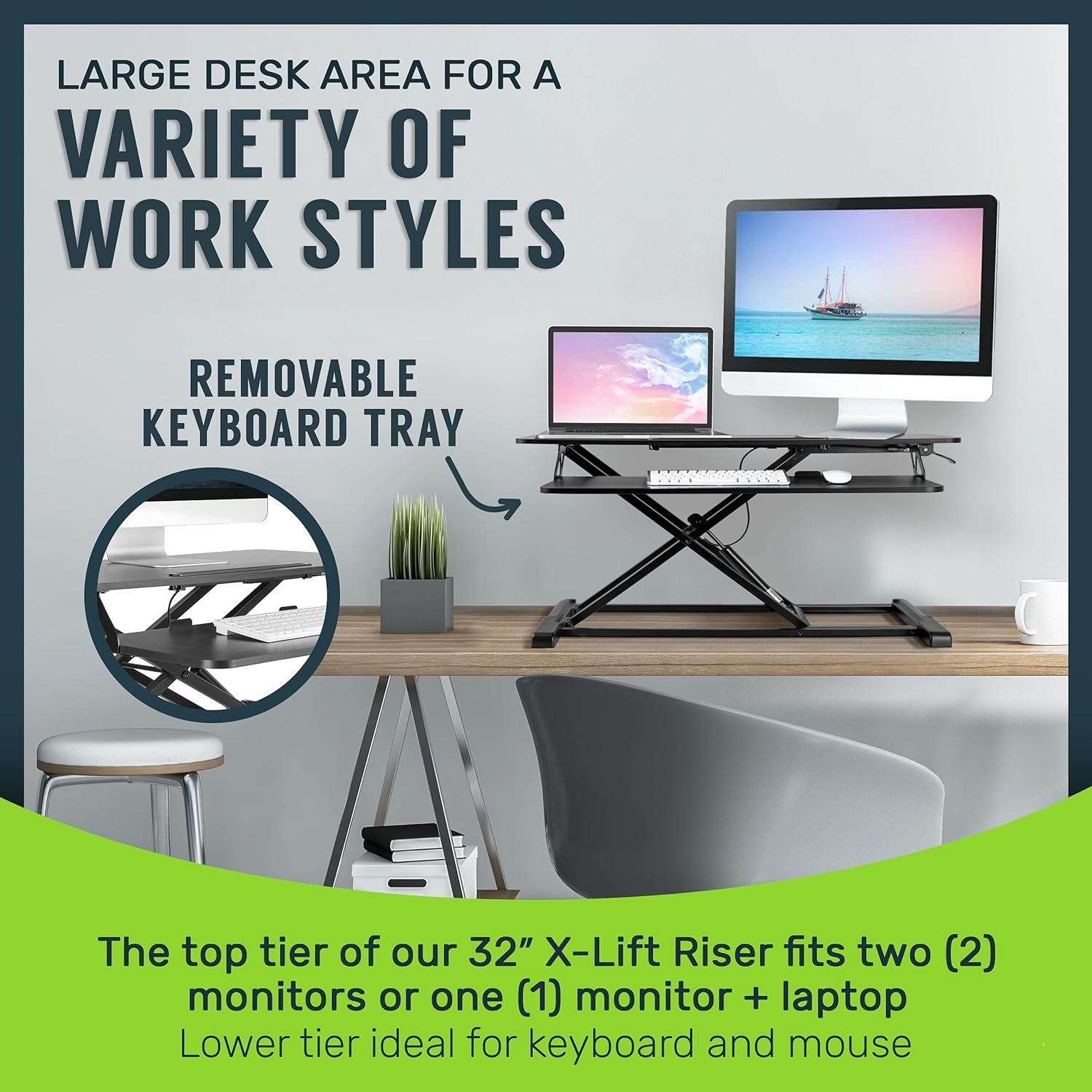 Standing Desk Converter - 32 Inch Adjustable Sit to Stand up Desk Workstation, Particle Board, Dual Monitor Desk Riser with Keyboard Tray, Desktop Riser for Home Office Laptop, Black 32"